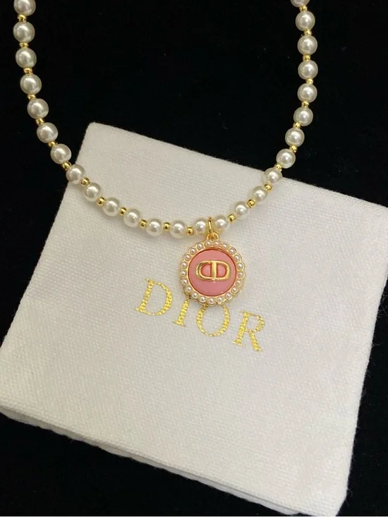 Dior Pink Pearl Logo Charm Necklace - Picture 4 of 6